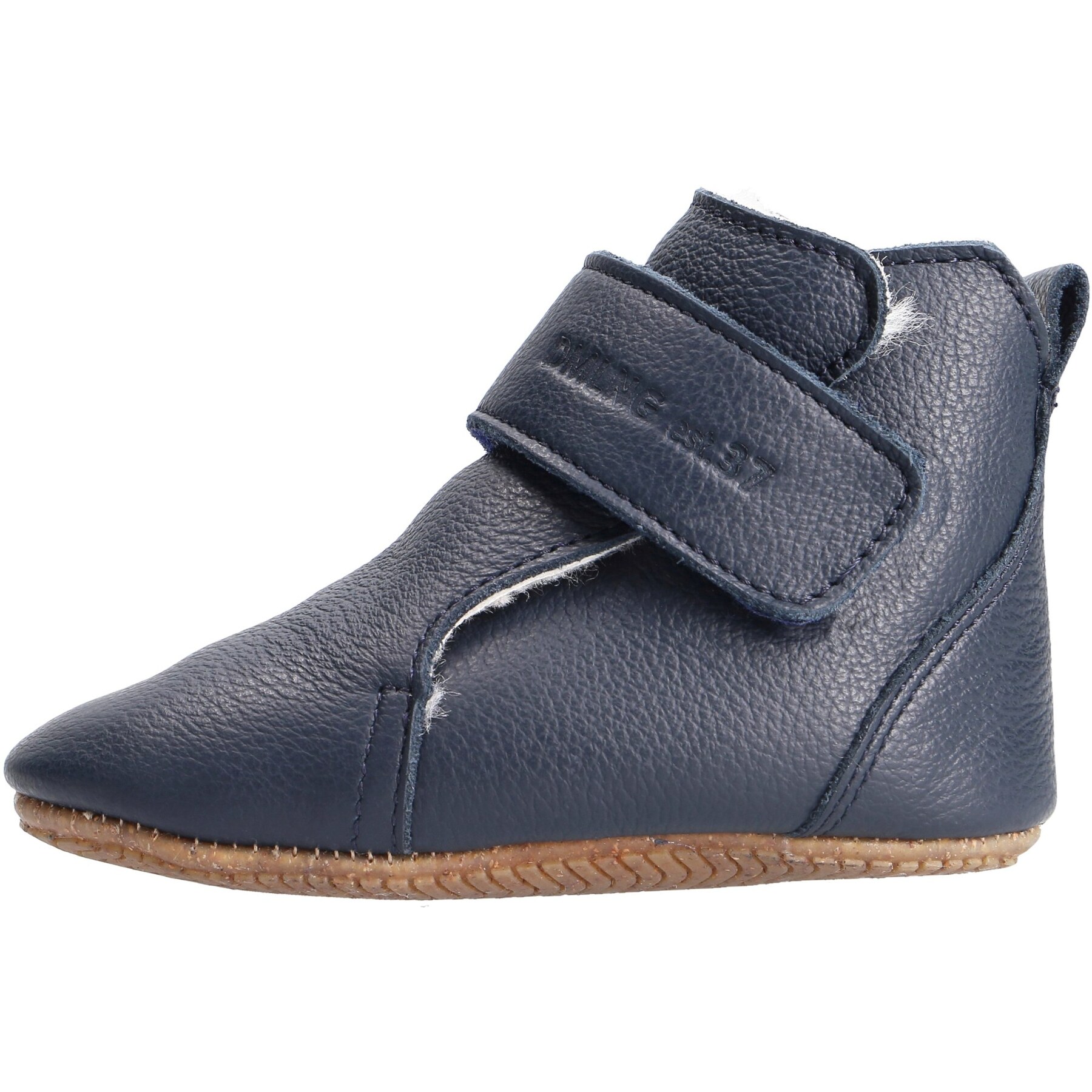 blaue krabbelschuhe seitenansicht links